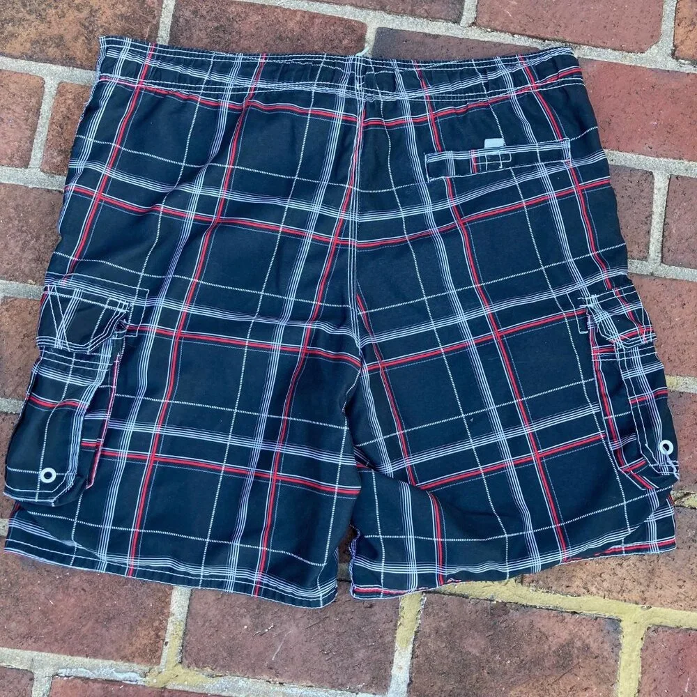OP Board Shorts Black w/ Red White & Grey Stripes Four Pockets Men's Sz 36/38
